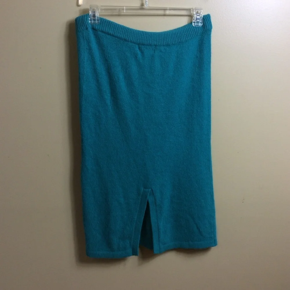 Vintage 80s silk and angora blend sweater skirt set. Teal. Medium.